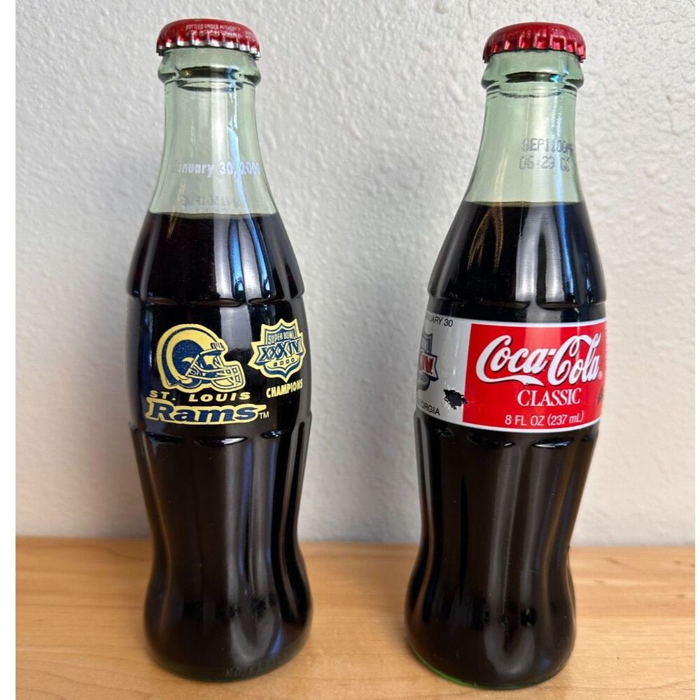 Vintage Coca-Cola St. Louis Rams Super Bowl XXXIV Champion & Game Bottles Sealed